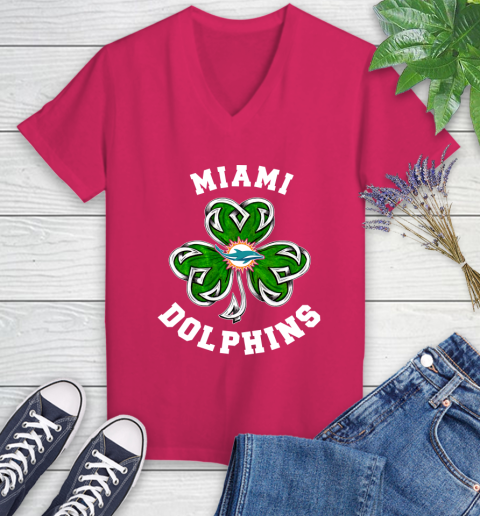 NFL Miami Dolphins Three Leaf Clover St Patrick's Day Football Sports Women's V-Neck T-Shirt 9