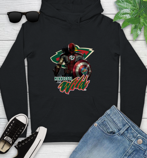 NHL Captain America Thor Spider Man Hawkeye Avengers Endgame Hockey Minnesota Wild Youth Hoodie 2