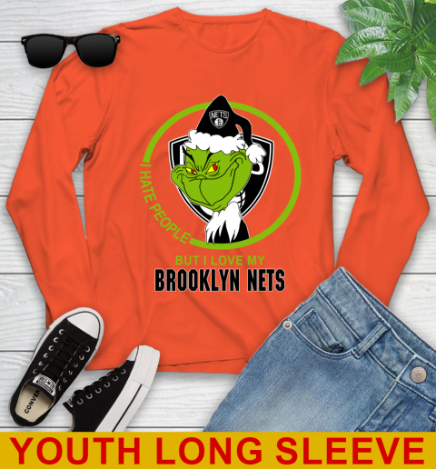 Brooklyn Nets NBA Christmas Grinch I Hate People But I Love My Favorite Basketball Team Youth Long Sleeve 4