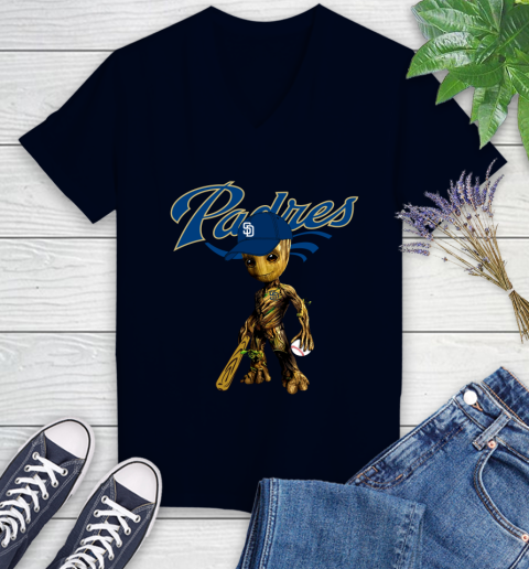 MLB San Diego Padres Groot Guardians Of The Galaxy Baseball Women's V-Neck T-Shirt 3