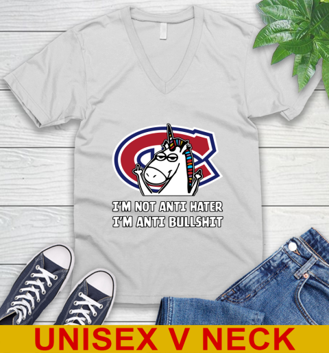 Montreal Canadiens NHL Hockey Unicorn I'm Not Anti Hater I'm Anti Bullshit V-Neck T-Shirt