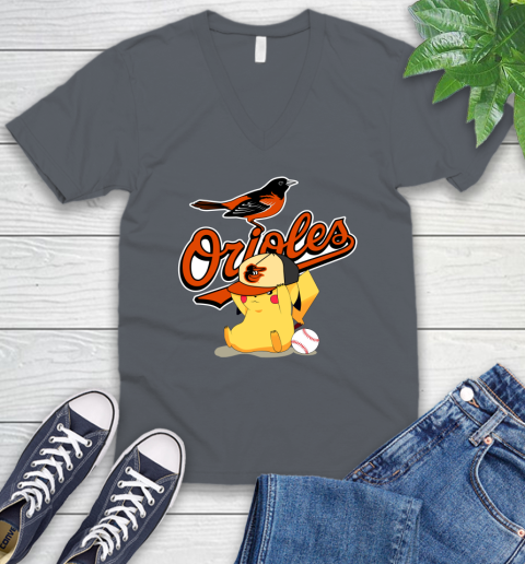 MLB Pikachu Baseball Sports Baltimore Orioles V-Neck T-Shirt 5