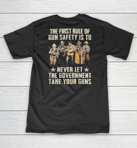 The First Rule Of Gun Safety (on back) V-Neck T-Shirt