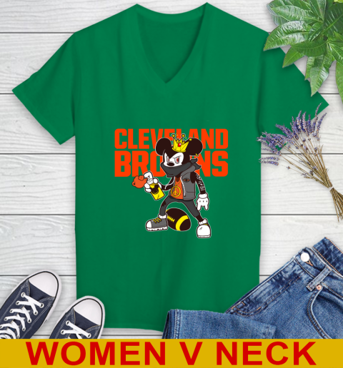 Cleveland Browns NFL Football Mickey Peace Sign Sports Women's V-Neck T-Shirt 6