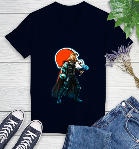 NFL Thor Avengers Endgame Football Cleveland Browns Women's V-Neck T-Shirt 3