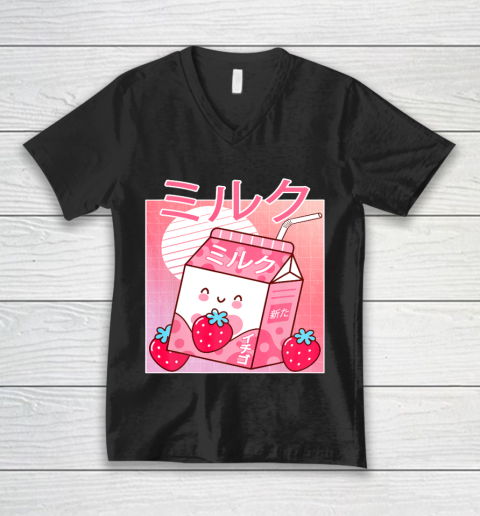 Japanese Kawaii Strawberry Milk  Shake Carton Funny Retro V-Neck T-Shirt