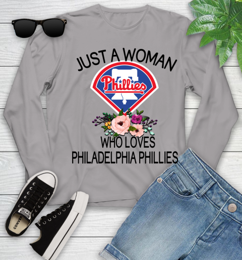 MLB Just A Woman Who Loves Philadelphia Phillies Baseball Sports Youth Long Sleeve 3
