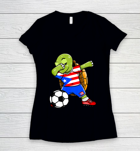 Dabbing Turtle Puerto Rico Soccer Fans Jersey Flag Football Women's V-Neck T-Shirt