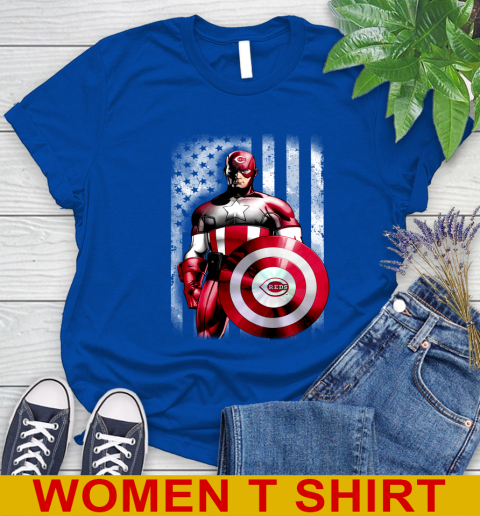 Cincinnati Reds MLB Baseball Captain America Marvel Avengers American Flag Shirt Women's T-Shirt 10