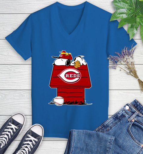 MLB Cincinnati Reds Snoopy Woodstock The Peanuts Movie Baseball T Shirt Women's V-Neck T-Shirt 10
