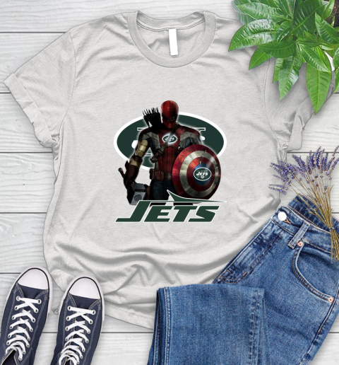 NFL Captain America Thor Spider Man Hawkeye Avengers Endgame Football New York Jets Women's T-Shirt
