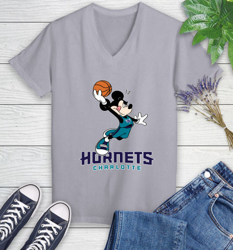 NBA Basketball Charlotte Hornets Cheerful Mickey Mouse Shirt Women's V-Neck T-Shirt 4