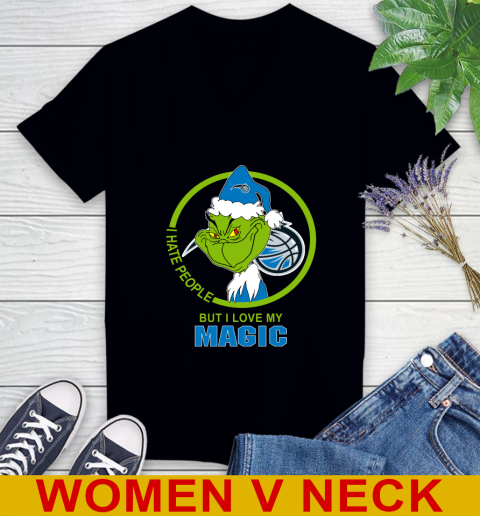 Orlando Magic NBA Christmas Grinch I Hate People But I Love My Favorite Basketball Team Women's V-Neck T-Shirt 2