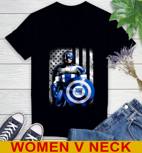 New York Rangers NHL Hockey Captain America Marvel Avengers American Flag Shirt Women's V-Neck T-Shirt