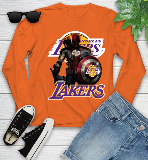 Los Angeles Lakers NBA Basketball Captain America Thor Spider Man Hawkeye Avengers Youth Long Sleeve 4