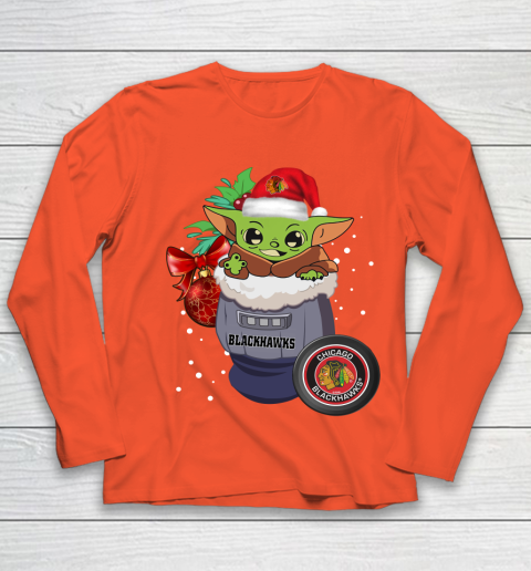 Chicago Blackhawks Christmas Baby Yoda Star Wars Funny Happy NHL Youth Long Sleeve 4