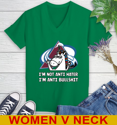 Colorado Avalanche NHL Hockey Unicorn I'm Not Anti Hater I'm Anti Bullshit Women's V-Neck T-Shirt 6