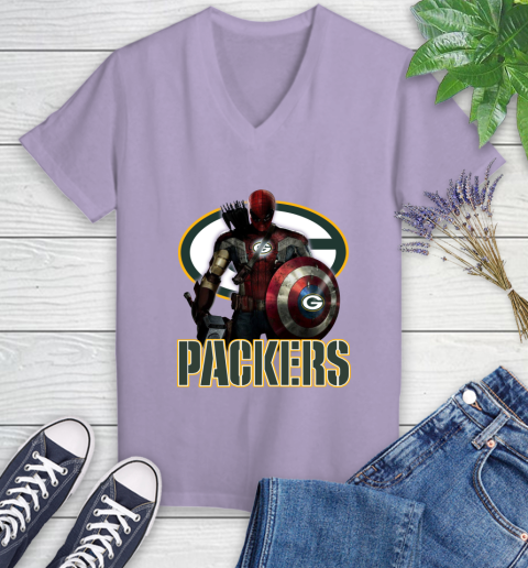 NFL Captain America Thor Spider Man Hawkeye Avengers Endgame Football Green Bay Packers Women's V-Neck T-Shirt 14