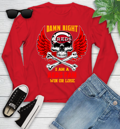 MLB Damn Right I Am A Cincinnati Reds Win Or Lose Skull Baseball Sports Youth Long Sleeve 11