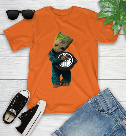NHL Groot Guardians Of The Galaxy Hockey Sports Edmonton Oilers Youth T-Shirt 7