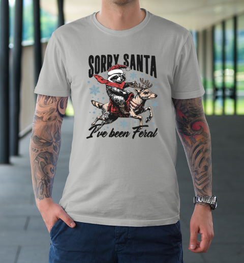 Vintage Sorry Santa I've Been Feral Raccoon Riding Horse Christmas T-Shirt 8