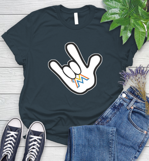 Miami Marlins MLB Baseball Mickey Rock Hand Disney Women's T-Shirt 8