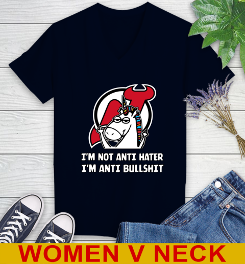New Jersey Devils NHL Hockey Unicorn I'm Not Anti Hater I'm Anti Bullshit Women's V-Neck T-Shirt 4 New Jersey Devils NHL Hockey Unicorn I'm Not Anti Hater I'm Anti Bullshit Women's V-Neck T-Shirt - Image 4