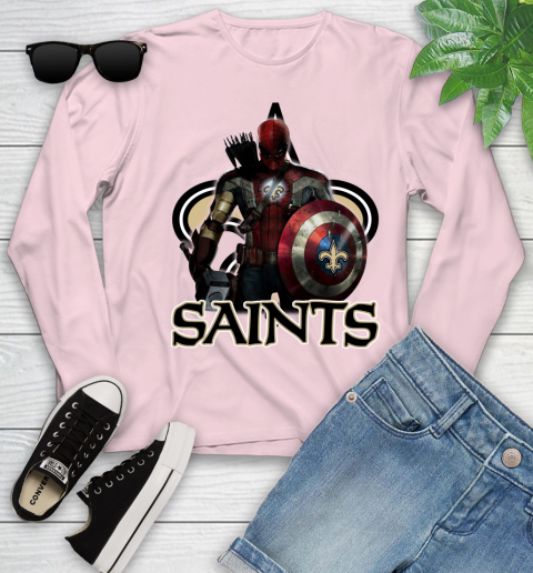 NFL Captain America Thor Spider Man Hawkeye Avengers Endgame Football New Orleans Saints Youth Long Sleeve 10