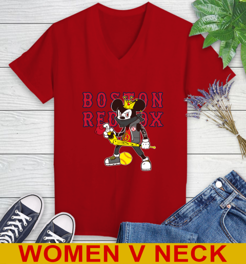 Boston Red Sox MLB Baseball Mickey Peace Sign Sports Women's V-Neck T-Shirt 12