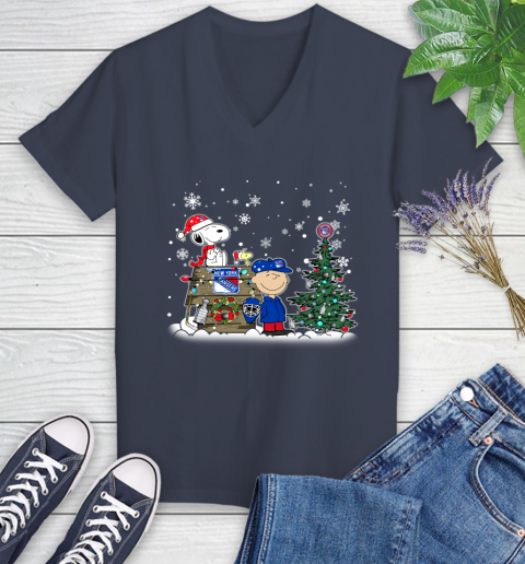 NHL New York Rangers Snoopy Charlie Brown Woodstock Christmas Stanley Cup Hockey Women's V-Neck T-Shirt 12