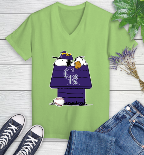 MLB Colorado Rockies Snoopy Woodstock The Peanuts Movie Baseball T Shirt Women's V-Neck T-Shirt 11