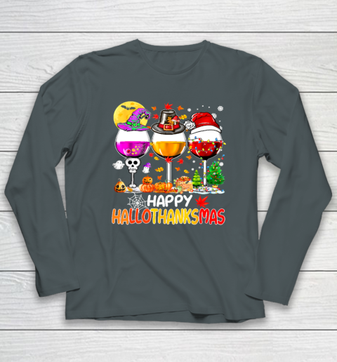 Halloween Thanksgiving Christmas Happy Hallothanksmas Wine Long Sleeve T-Shirt - Image 4