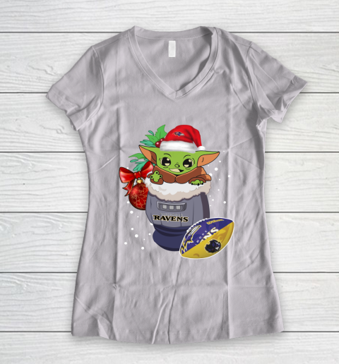 Baltimore Ravens Christmas Baby Yoda Star Wars Funny Happy NFL Women's V-Neck T-Shirt 2
