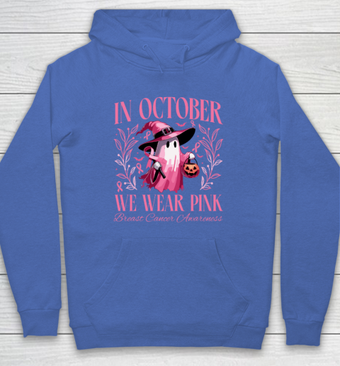 In October We Wear Pink Witch Ghost Pumpkin Breast Cancer Hoodie 5
