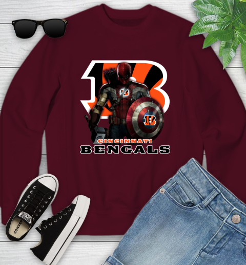 NFL Captain America Thor Spider Man Hawkeye Avengers Endgame Football Cincinnati Bengals Youth Sweatshirt 5