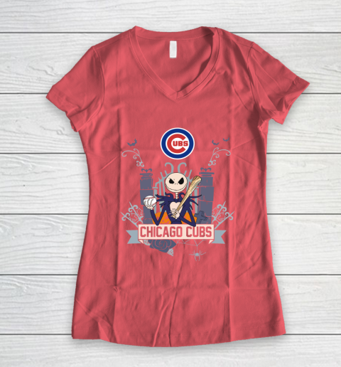 MLB Chicago Cubs Baseball Jack Skellington Halloween Women's V-Neck T-Shirt 4