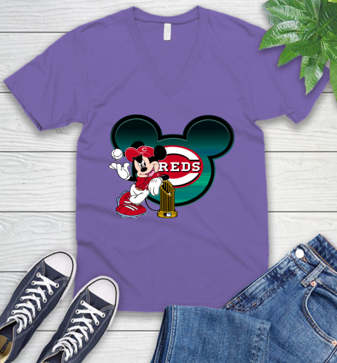 MLB Cincinnati Reds The Commissioner's Trophy Mickey Mouse Disney V-Neck T-Shirt 10