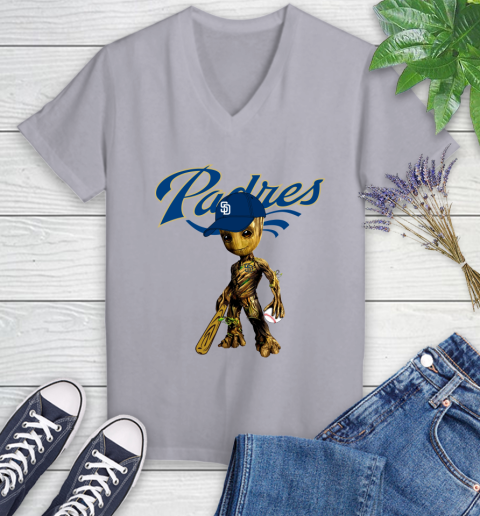 MLB San Diego Padres Groot Guardians Of The Galaxy Baseball Women's V-Neck T-Shirt 4