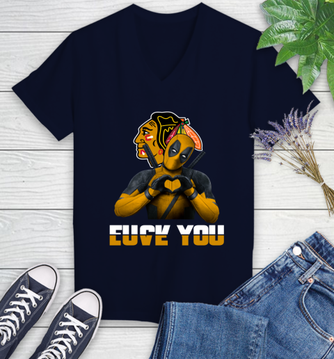 NHL Chicago Blackhawks Deadpool Love You Fuck You Hockey Sports Women's V-Neck T-Shirt 2