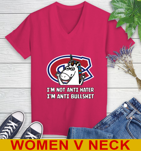 Montreal Canadiens NHL Hockey Unicorn I'm Not Anti Hater I'm Anti Bullshit Women's V-Neck T-Shirt 10