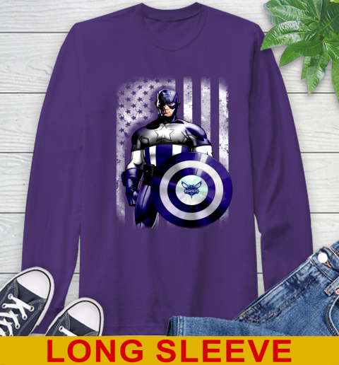Charlotte Hornets NBA Basketball Captain America Marvel Avengers American Flag Shirt Long Sleeve T-Shirt 5