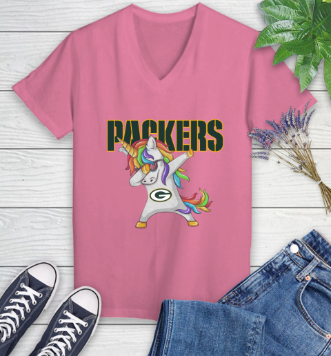 Green Bay Packers NFL Football Funny Unicorn Dabbing Sports Women's V-Neck T-Shirt 13