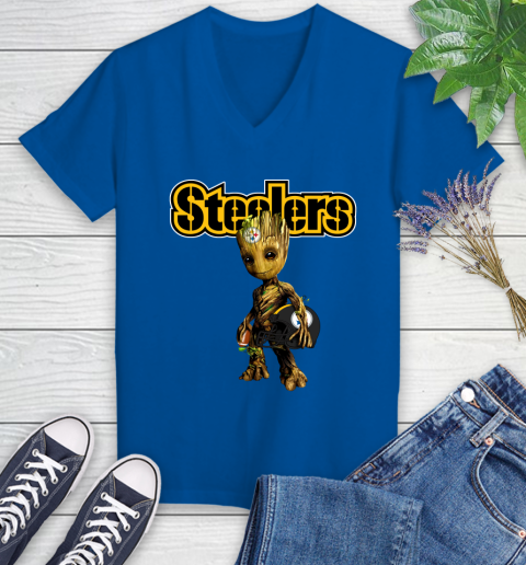 Pittsburgh Steelers NFL Football Groot Marvel Guardians Of The Galaxy Women's V-Neck T-Shirt 10