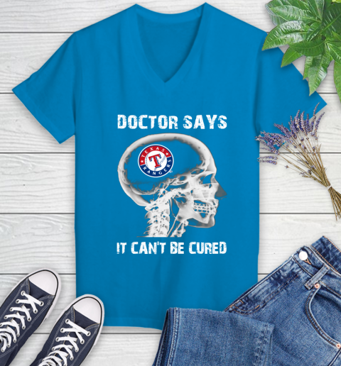 MLB Texas Rangers Baseball Skull It Can't Be Cured Shirt Women's V-Neck T-Shirt 5