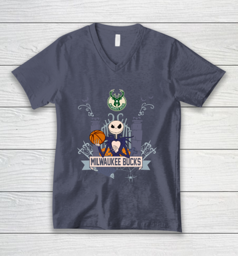 NBA Milwaukee Bucks Basketball Jack Skellington Halloween V-Neck T-Shirt 7