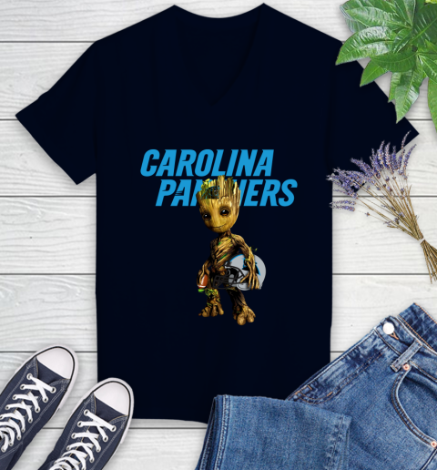 Carolina Panthers NFL Football Groot Marvel Guardians Of The Galaxy Women's V-Neck T-Shirt 3