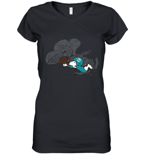 Miami Dolphins Snoopy Plays The Football Game Women's V-Neck T-Shirt