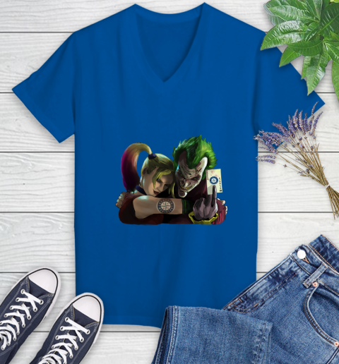 Seattle Mariners MLB Baseball Joker Harley Quinn Suicide Squad Women's V-Neck T-Shirt 10