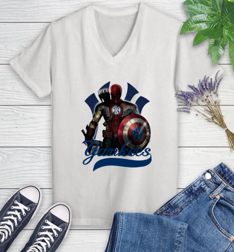 MLB Captain America Thor Spider Man Hawkeye Avengers Endgame Baseball New York Yankees Women's V-Neck T-Shirt