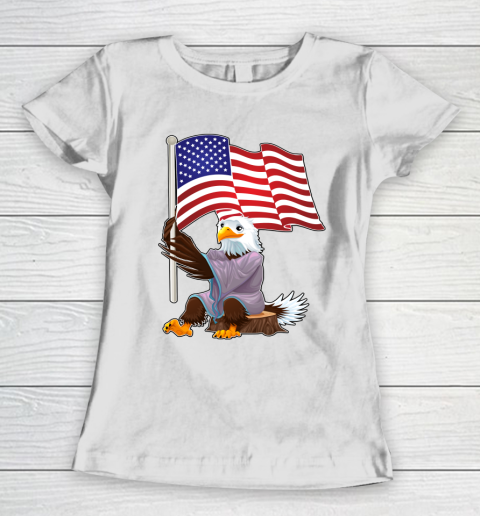 4th Of July Eagle Sitting On Wood Stump Holding An American Flag Women's T-Shirt